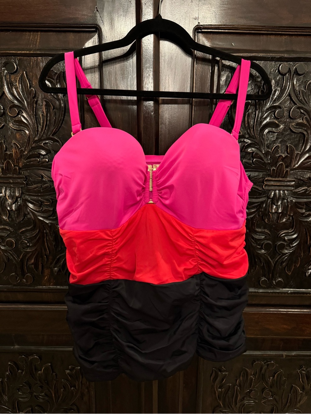 Cacique 6th & Lane Colorblock Pink Red Black Swim Tankini Top: WOMEN’S PLUS SWIM